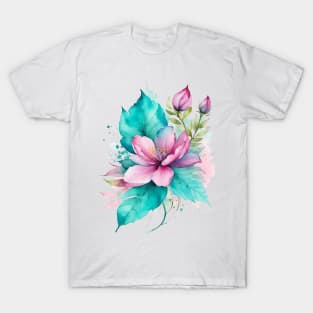 watercolor pink teal flower and leaf T-Shirt